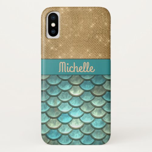 Teal Turquoise Mermaid Scales  Gold Glitter Name iPhone X Case