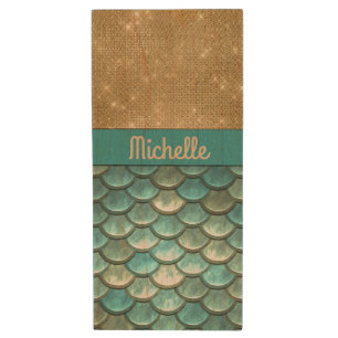 Teal Turquoise Mermaid Scales Gold Glitter, Name Wood Flash Drive