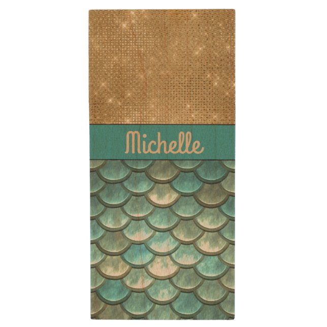 Teal Turquoise Mermaid Scales | Gold Glitter, Name Wood Flash Drive (Front Vertical)