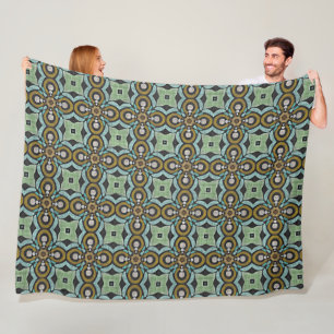 Teal Turquoise Ochre Retro Hip Bohemian Art Motif Fleece Blanket