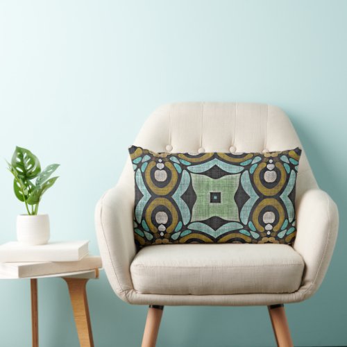 Teal Turquoise Ochre Retro Hip Bohemian Art Motif Lumbar Pillow