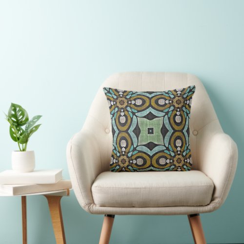 Teal Turquoise Ochre Retro Hip Bohemian Art Motif Throw Pillow