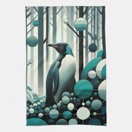 Teal Turquoise Penguin In The Art Deco Geometrical Kitchen Towel