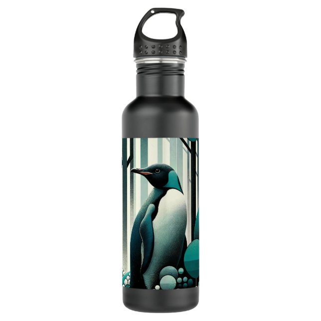 Teal Turquoise Penguin In The Art Deco Geometrical Stainless Steel Water Bottle (Front)
