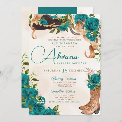 Teal Turquoise Quinceanera Charro Western Rose Invitation