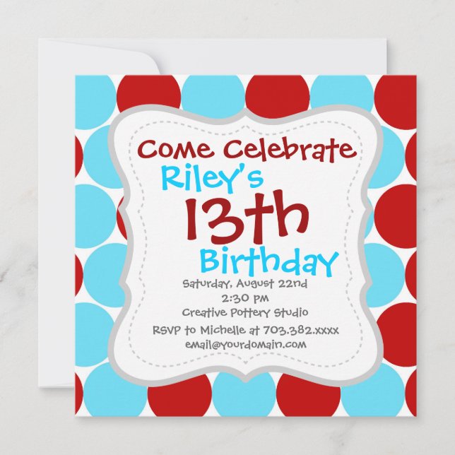 Teal Turquoise Red Big Polka Dots Pattern Gifts Invitation (Front)