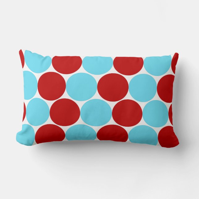 Teal Turquoise Red Big Polka Dots Pattern Gifts Lumbar Pillow (Front)