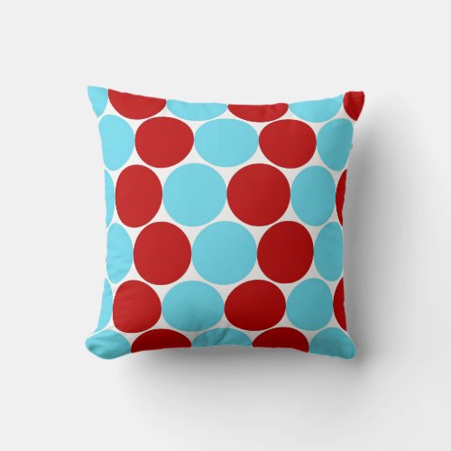 Teal Turquoise Red Big Polka Dots Pattern Pillow