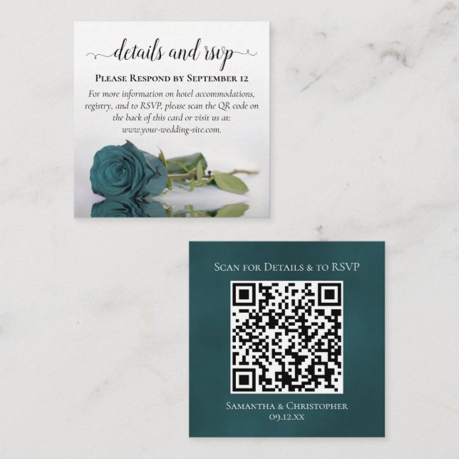 Teal Turquoise Rose Wedding Details & RSVP QR Code Enclosure Card (Front/Back)