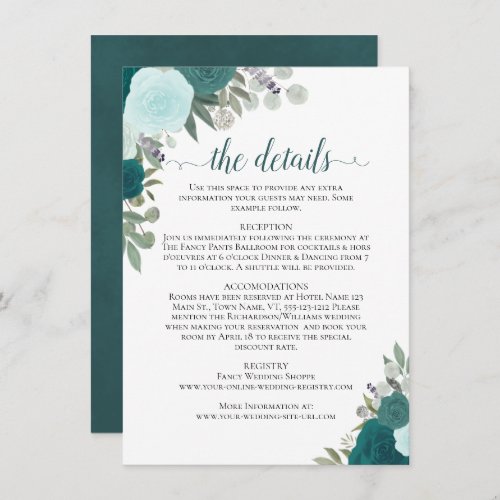 Teal  Turquoise Roses Rustic Wedding Details Enclosure Card