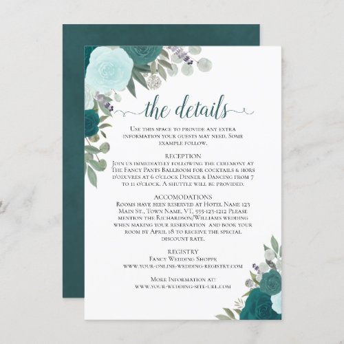 Teal  Turquoise Roses Rustic Wedding Details Enclosure Card