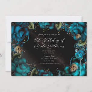 Teal Turquoise Roses Skulls Gothic Birthday Party Invitation