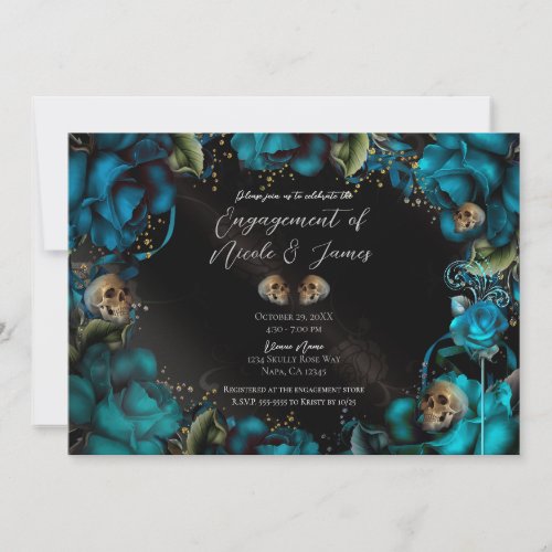 Teal Turquoise Roses Skulls Gothic Engagement  Invitation