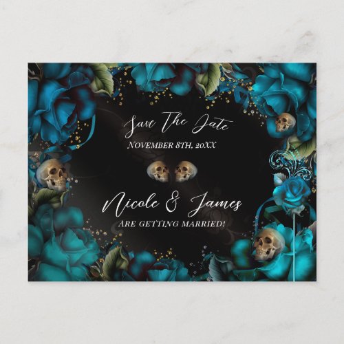 Teal Turquoise Roses Skulls Gothic Save the Date Announcement Postcard