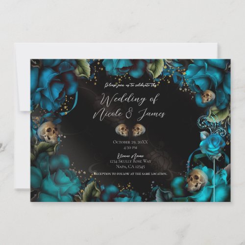 Teal Turquoise Roses Skulls Gothic Wedding  Invitation