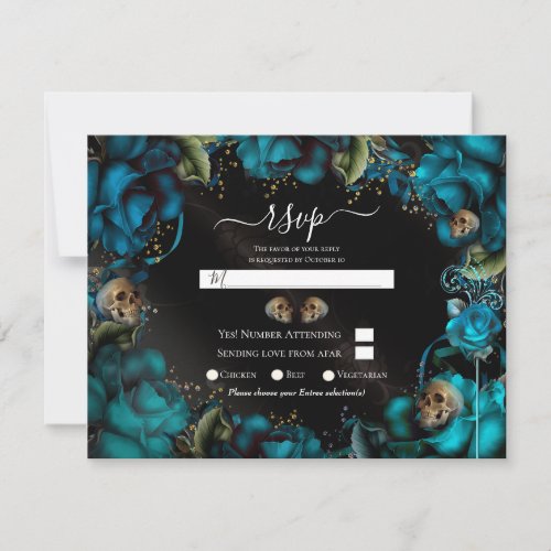 Teal Turquoise Roses Skulls Gothic Wedding RSVP  Invitation