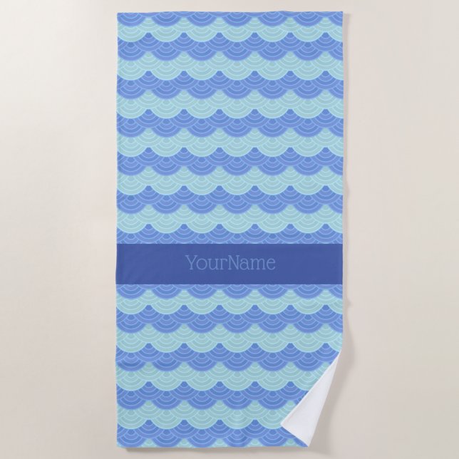 Teal Turquoise Royal Blue Scalloped Waves Beach Towel (Front)