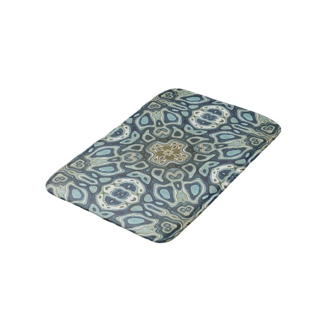 Teal Turquoise Seafoam Green Bali Batik Pattern Bathroom Mat (Angled)