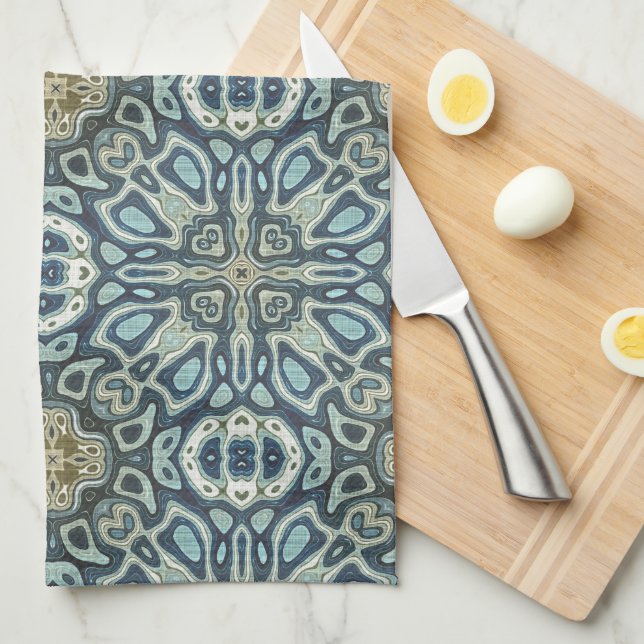Teal Turquoise Seafoam Green Bohemian Tribe Art Kitchen Towel (Quarter Fold)