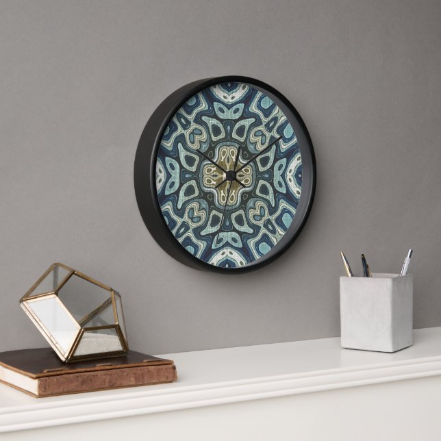 Teal Turquoise Seafoam Green Hip Bohemian Bali Art Clock (Office)