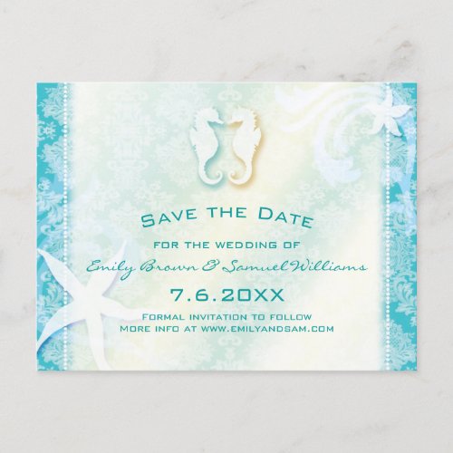 Teal Turquoise Seahorse Wedding Save the Date Announcement Postcard