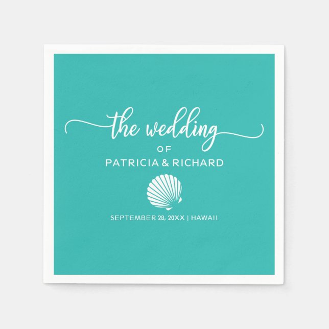 Teal Turquoise Seashell Beach Destination Wedding Napkins (Front)