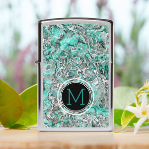 Teal Turquoise Silver Gray Granite Marble Pattern Zippo Lighter