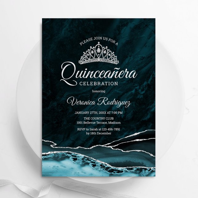 Teal Turquoise Silver Quinceanera Agate Marble Invitation (Creator Uploaded)