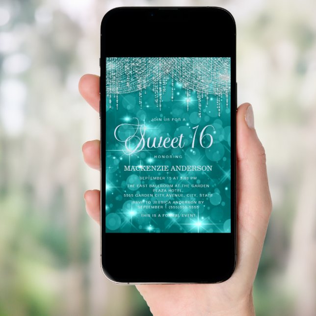 Teal Turquoise String Lights Bokeh Sweet 16 Invitation (Front Digital)