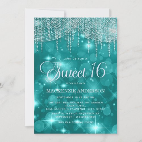 Teal Turquoise String Lights Bokeh Sweet 16 Invitation