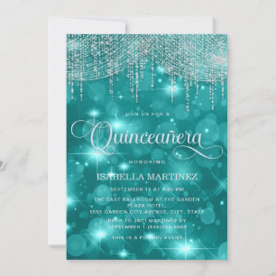 Teal Turquoise String Lights Sparkle Quinceañera Invitation