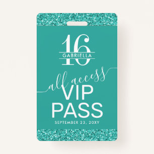 Teal Turquoise Sweet 16 Invitation VIP Pass Badge