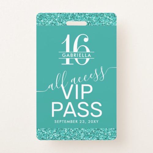 Teal Turquoise Sweet 16 Invitation VIP Pass Badge