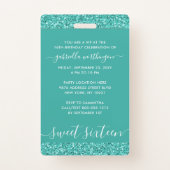 Teal Turquoise Sweet 16 Invitation VIP Pass Badge (Back)