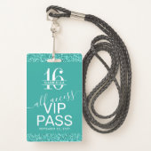 Teal Turquoise Sweet 16 Invitation VIP Pass Badge (Front with Lanyard)