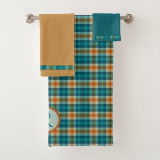 Teal Turquoise Tartan Madras Plaid with Monogram Bath Towel Set
