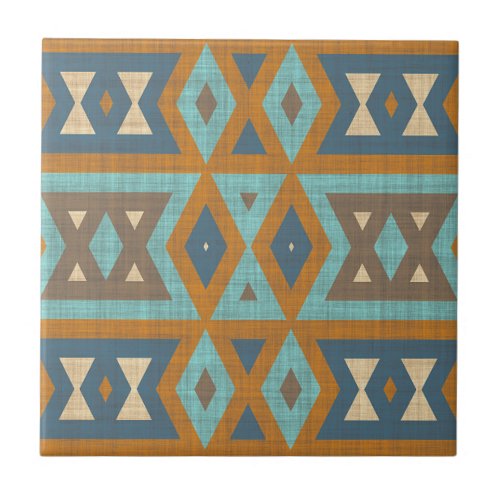 Teal Turquoise Terracotta Brown Ethnic Tribe Art Ceramic Tile
