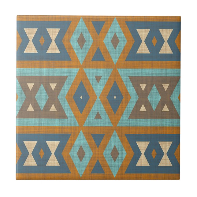 Teal Turquoise Terracotta Brown Ethnic Tribe Art Ceramic Tile (Front)