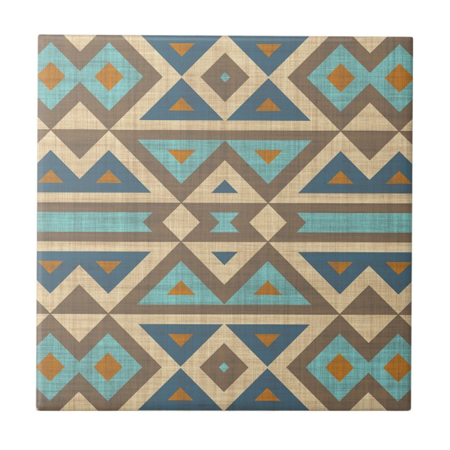 Teal Turquoise Terracotta Brown Ethnic Tribe Art Ceramic Tile (Front)