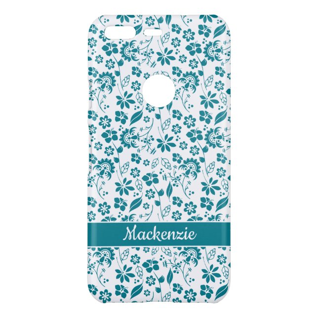 Teal Turquoise Tropical Girly Flowers Monogram Uncommon Google Pixel Case (Back)