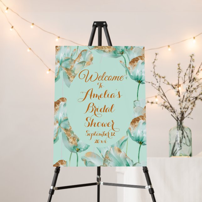 Teal Turquoise Tulips Gold Glitter Bridal Welcome Foam Board (In Situ (Stand))