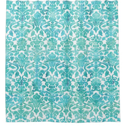 Teal Turquoise Watercolor Damask Shower Curtain