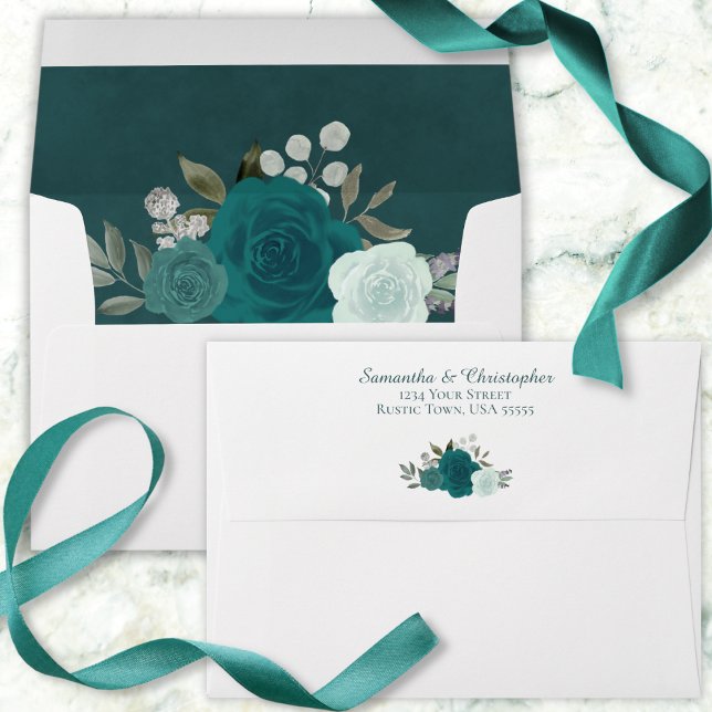 Teal & Turquoise Watercolor Floral Elegant Wedding Envelope (Creator Uploaded)