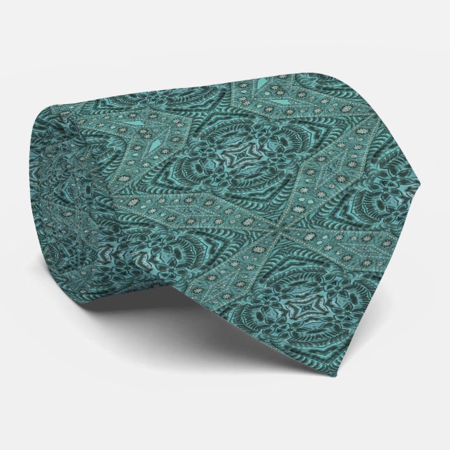 teal turquoise western country Tooled Leather Neck Tie (Rolled)