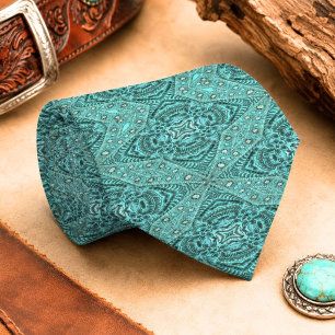 teal turquoise western country Tooled Leather Neck Tie