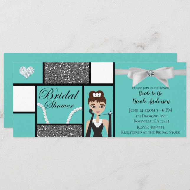 Teal Turquoise & White Bow Bridal Shower Invitation (Front/Back)