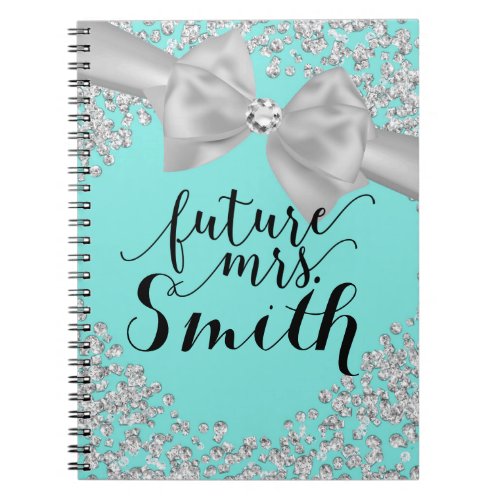 Teal Turquoise White Bow Diamond Bling Future Mrs Notebook