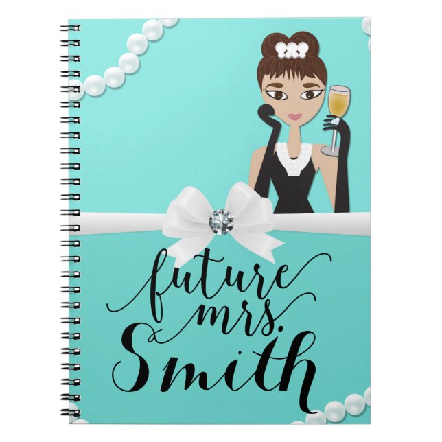 Teal Turquoise White Bow Pearls Wine Future Mrs. Notebook (Front)