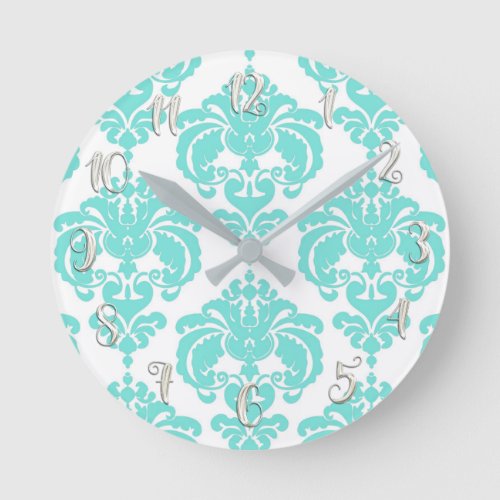 Teal Turquoise  White Damask Modern Personalized Round Clock