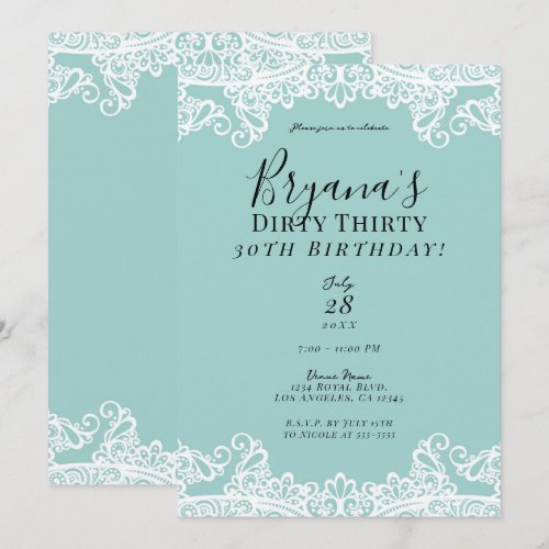 Teal Turquoise White Lace Dirty 30 30th Birthday  
